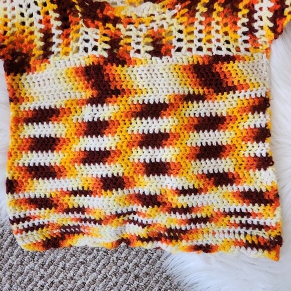 Vintage 1970s Girl Orange Crochet Crop Sweater Boho Bohemian 70s Handmade - Picture 3 of 9